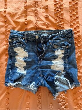 American Eagle Outfitters Blue Distressed High-Rise Denim Shorts